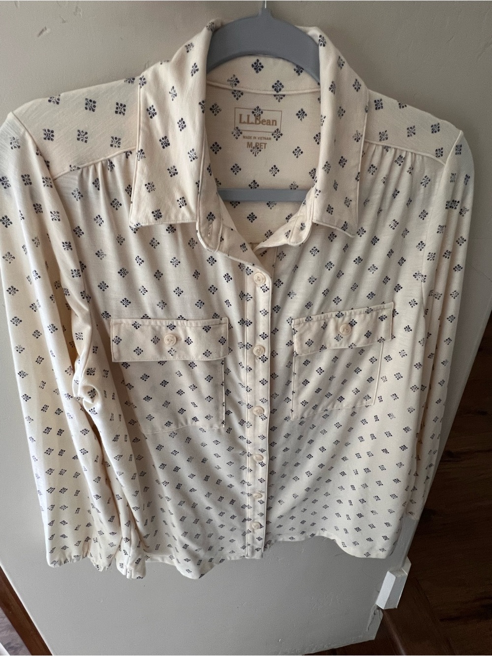 L.L. Bean Cream Button-Down Shirt with Navy Diamond Print
